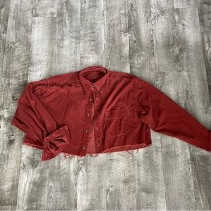 Dark copper corduroy cropped button up with distressed hem